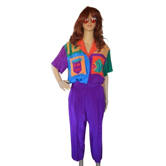 Vintage I.B. Diffusion 1990s Colorblock Silk Shirt High Waisted Pants Set Sizes - Picture 1 of 12